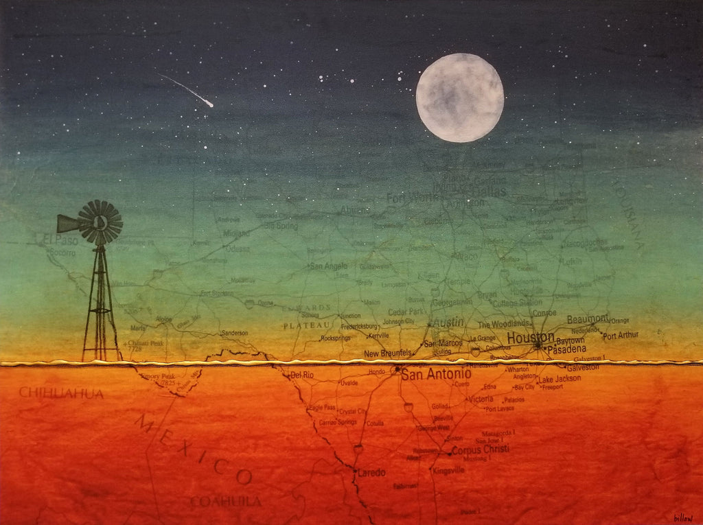 Texas Windmill, Moon, Shooting Star (canvas wrap)
